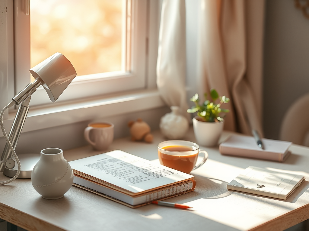 desk with study materials in front of a window