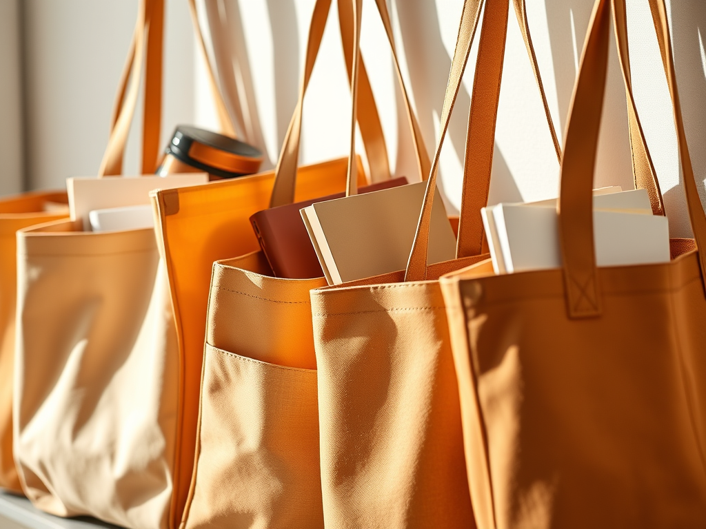 row of orange tote bags with office supplies and swag