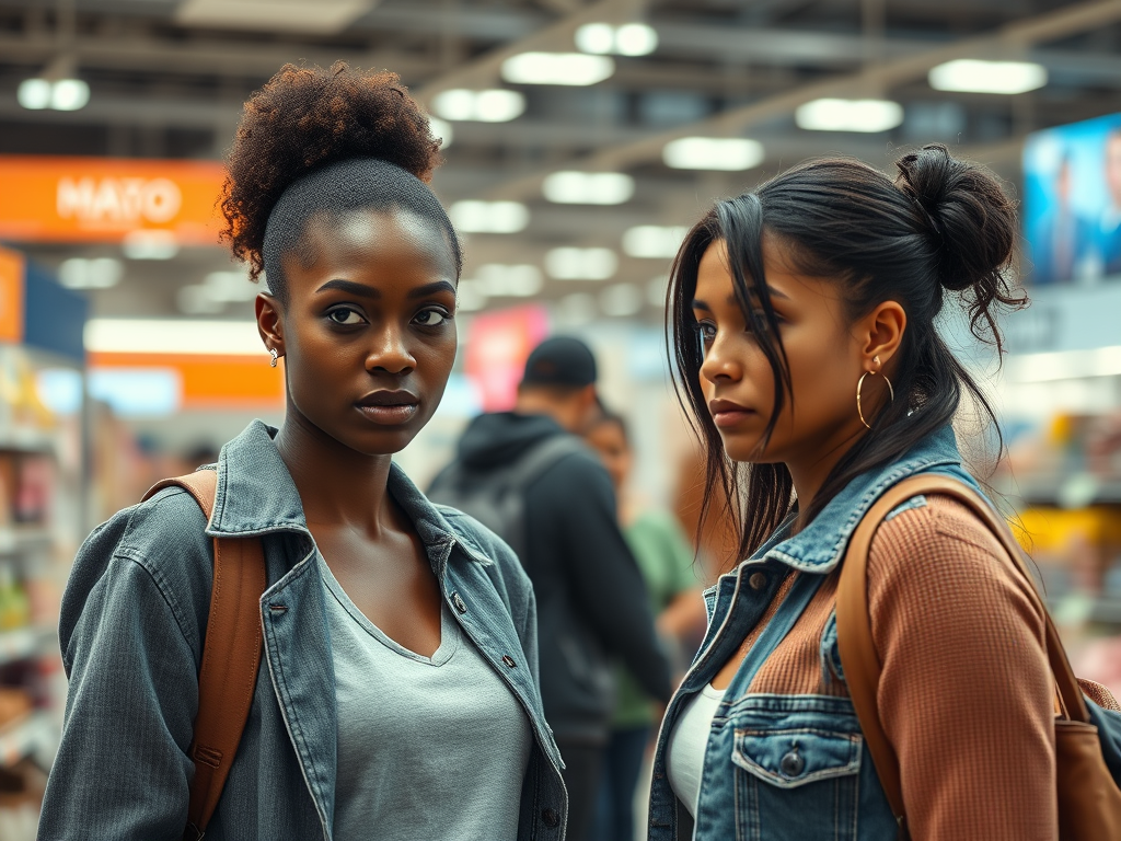 Two women look suspiciously at someone while shopping together in a store