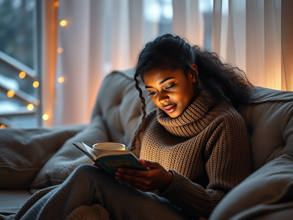Woman reads peacefully about overcoming loneliness on her living room sofa.